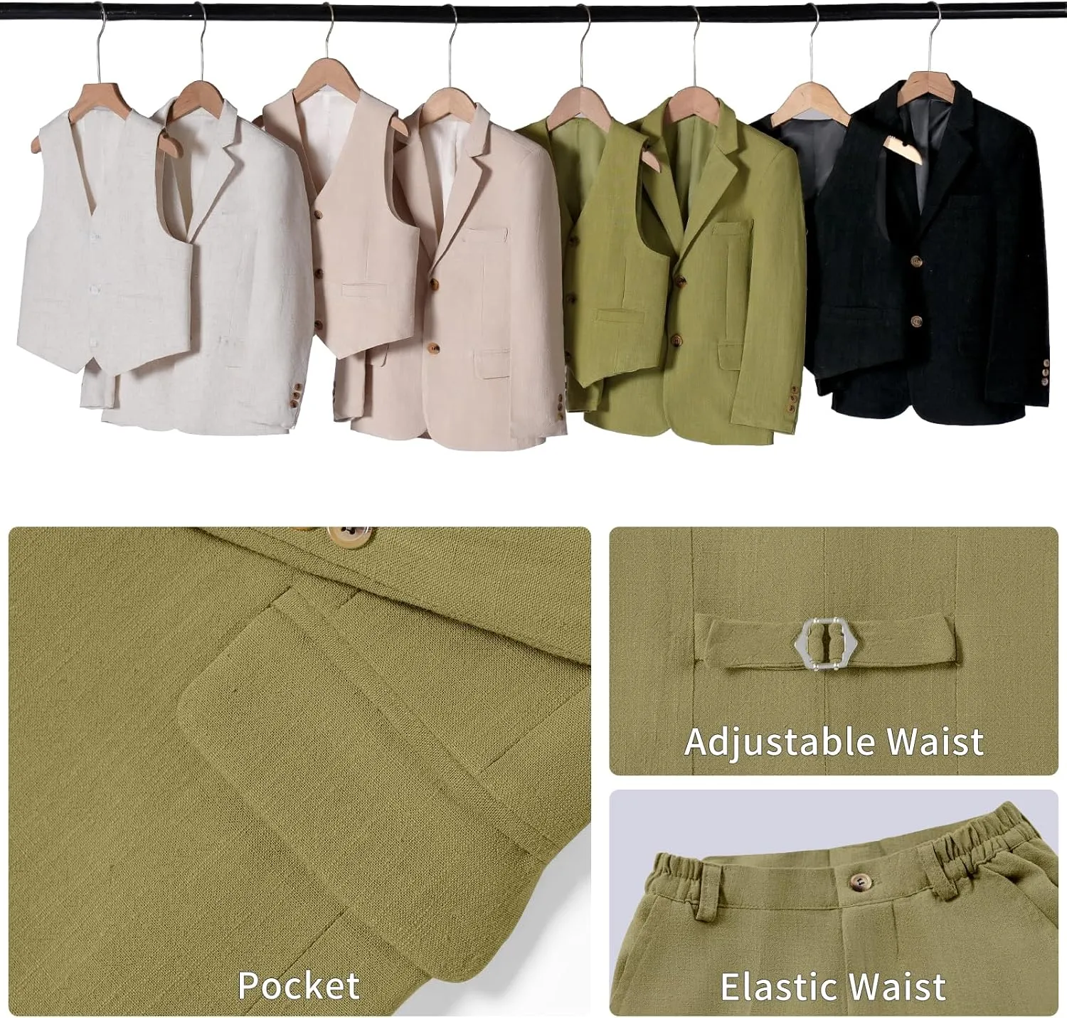 Boys Suit Linen Breathable 3 Piece Summer Slim Fit Kids Linen Suit Teen Blazer Vest Pant Set