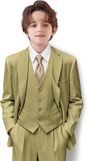 Boys Suit Linen Breathable 3 Piece Summer Slim Fit Kids Linen Suit Teen Blazer Vest Pant Set