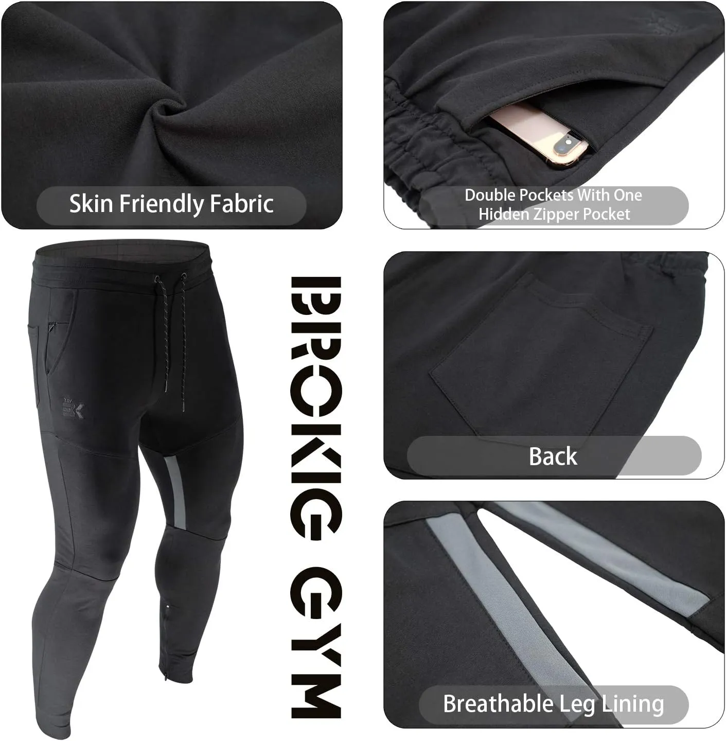 BROKIG Mens Gym Jogger Pants,Casual Slim Workout Sweatpants with Zipper Pockets Bodybuilding Athletic Pants