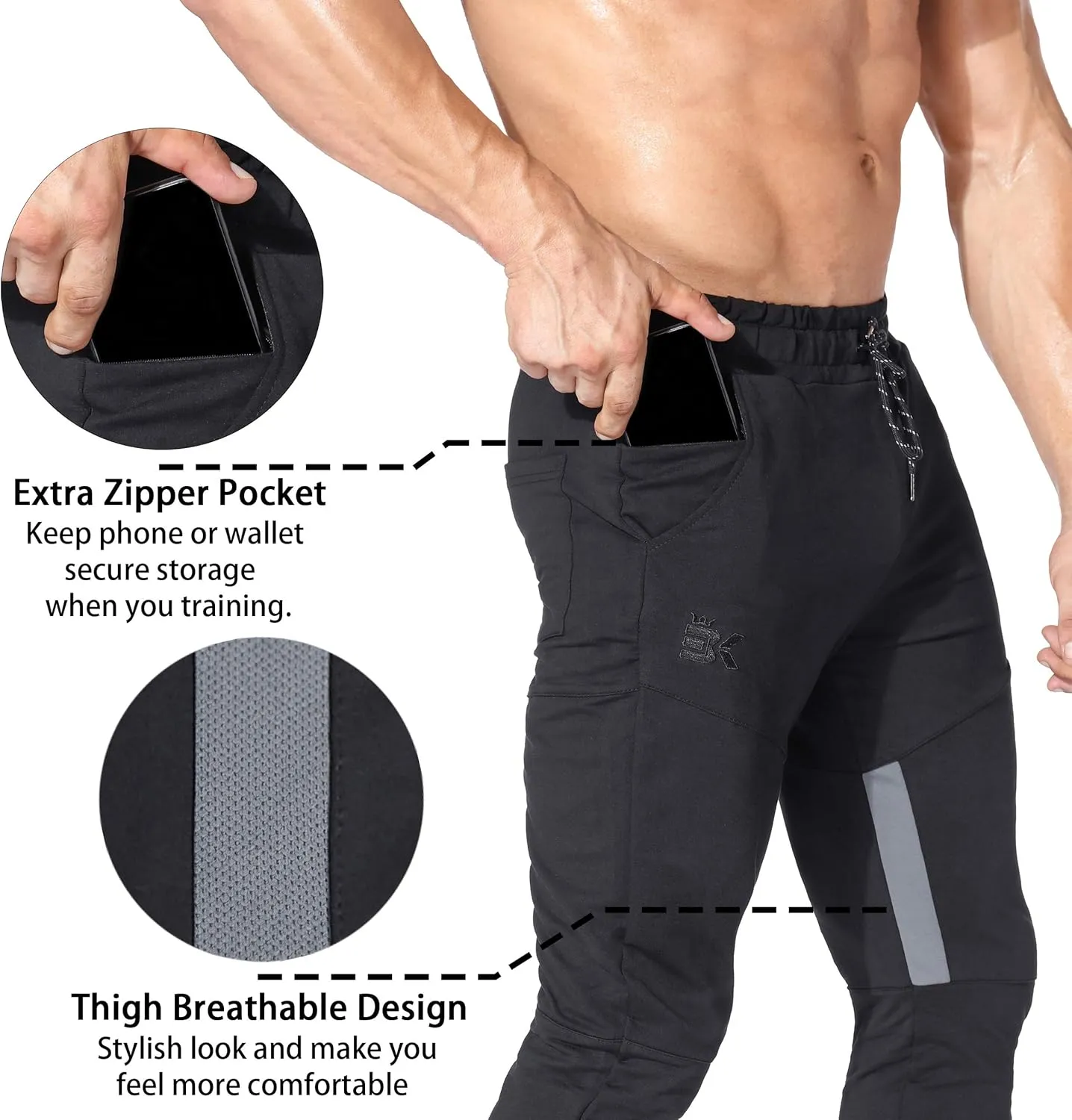 BROKIG Mens Gym Jogger Pants,Casual Slim Workout Sweatpants with Zipper Pockets Bodybuilding Athletic Pants