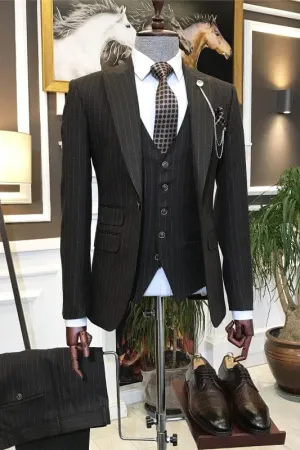 Brown Peaked Lapel Three Pieces Striped Business Suits Formal Wedding Groomsmen Suit