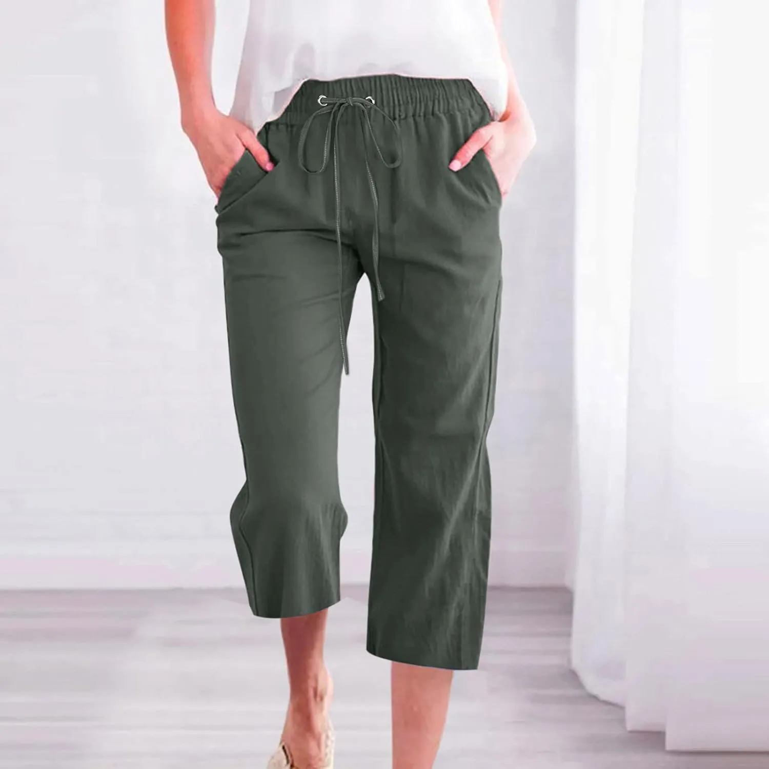 Capri Pants for Women 2024 Summer Casual Capri Leggings Lightweight High Wasit Stretch Cropped Trousers with Pockets