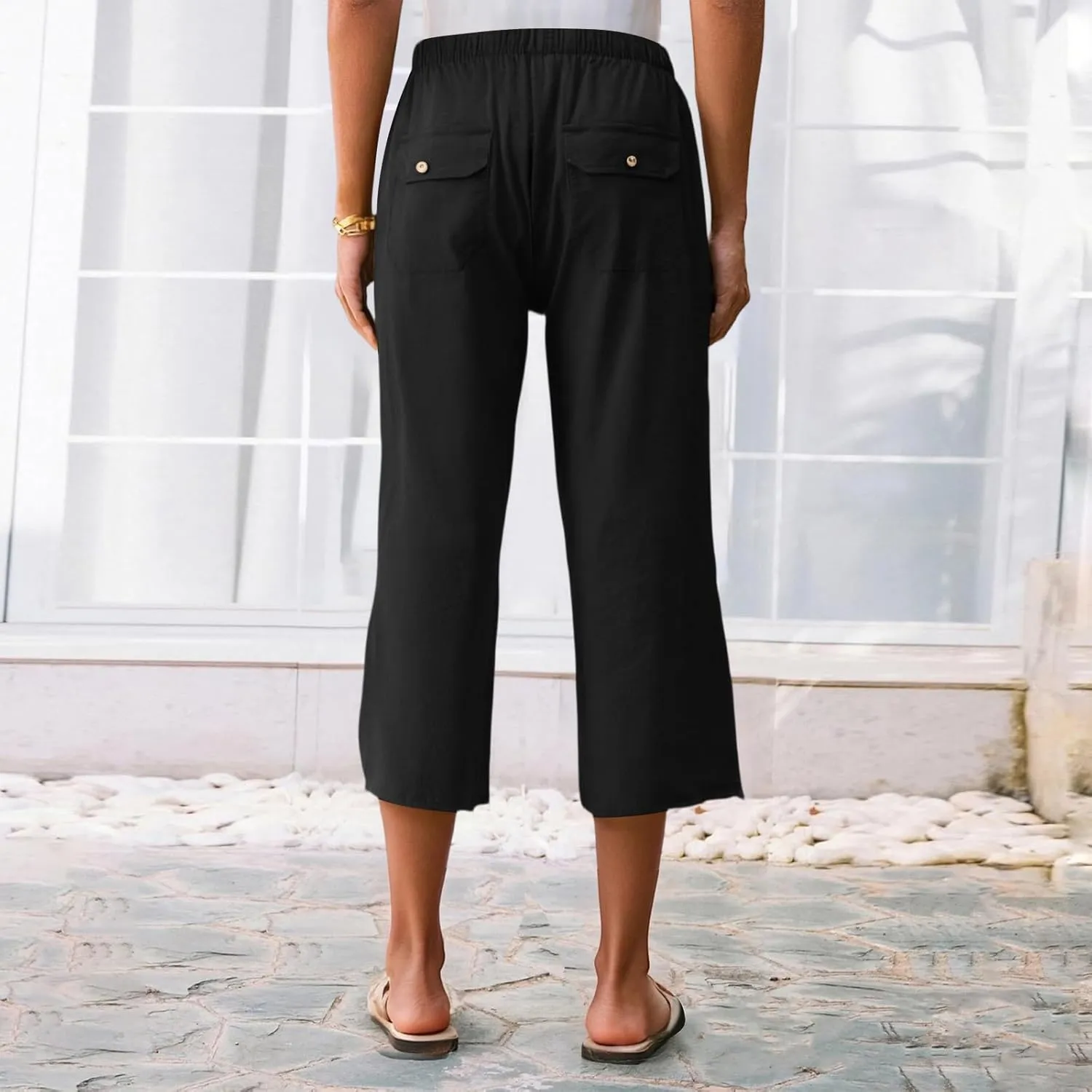 Capri Pants for Women High Waisted Drawstring Linen Pants Summer Capris Wide Leg Pant Casual Palazzo Pant