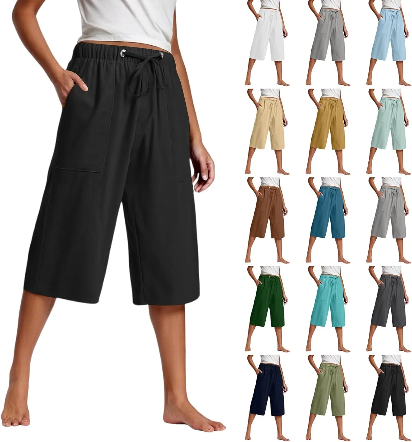 Capri Pants for Women High Waisted Drawstring Linen Pants Summer Capris Wide Leg Pant Casual Palazzo Pant