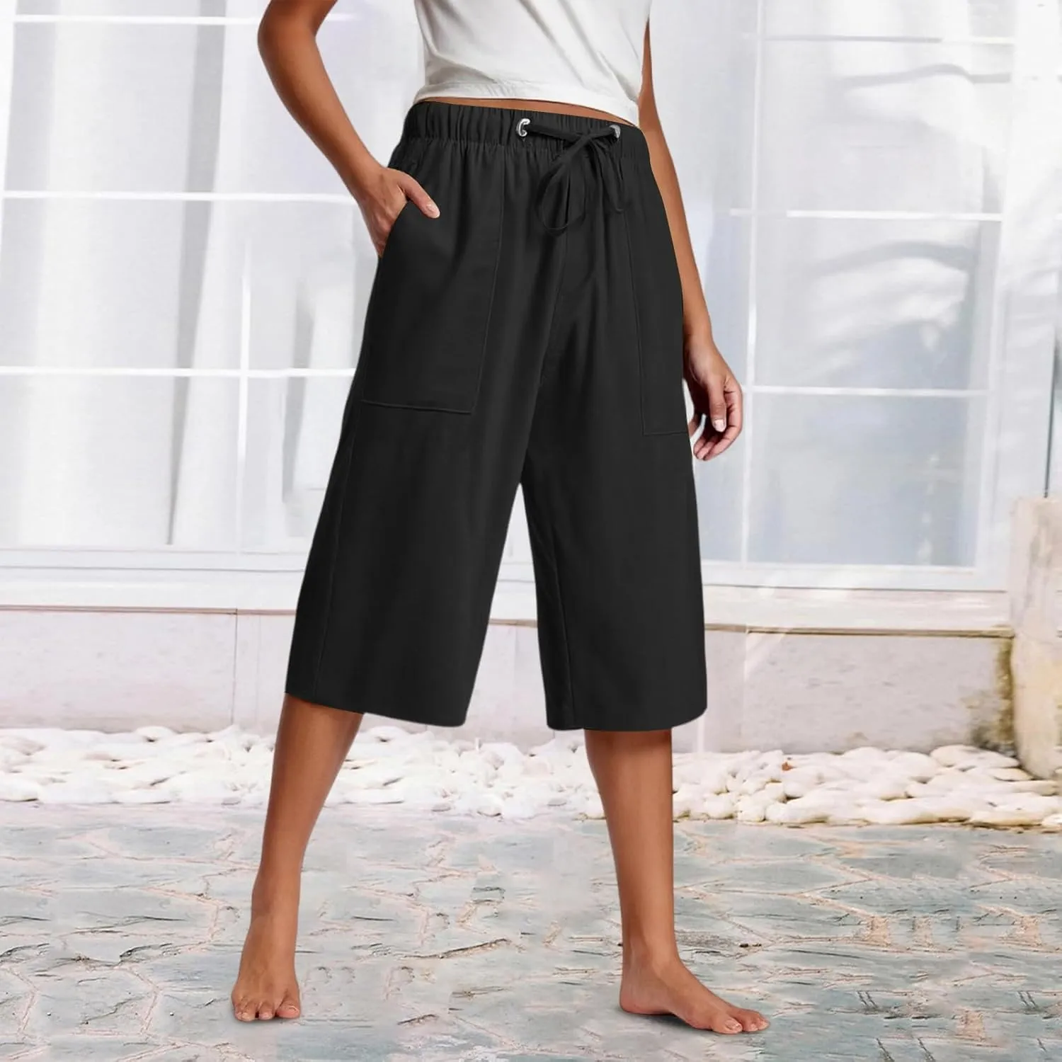 Capri Pants for Women High Waisted Drawstring Linen Pants Summer Capris Wide Leg Pant Casual Palazzo Pant