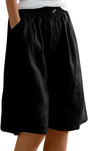 Capri Pants for Women Summer Cotton Linen Capris Wide Leg Cropped Trouser Drawstring Elastic High Waist Pants