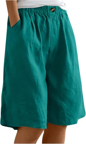 Capri Pants for Women Summer Cotton Linen Capris Wide Leg Cropped Trouser Drawstring Elastic High Waist Pants