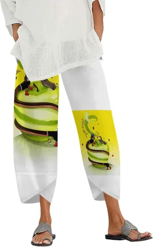 Capris Pants for Women 2025 Summer Causal Wide Leg Loose Trousers High Elastic Waist Patterned Printed Trendy Pants