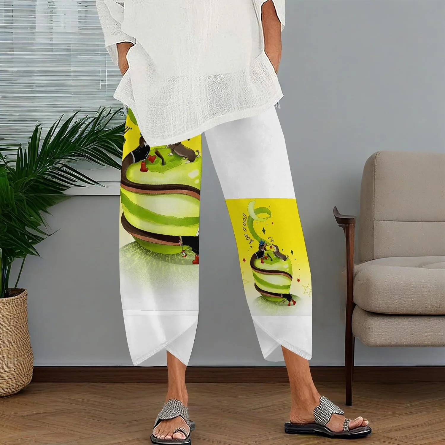 Capris Pants for Women 2025 Summer Causal Wide Leg Loose Trousers High Elastic Waist Patterned Printed Trendy Pants