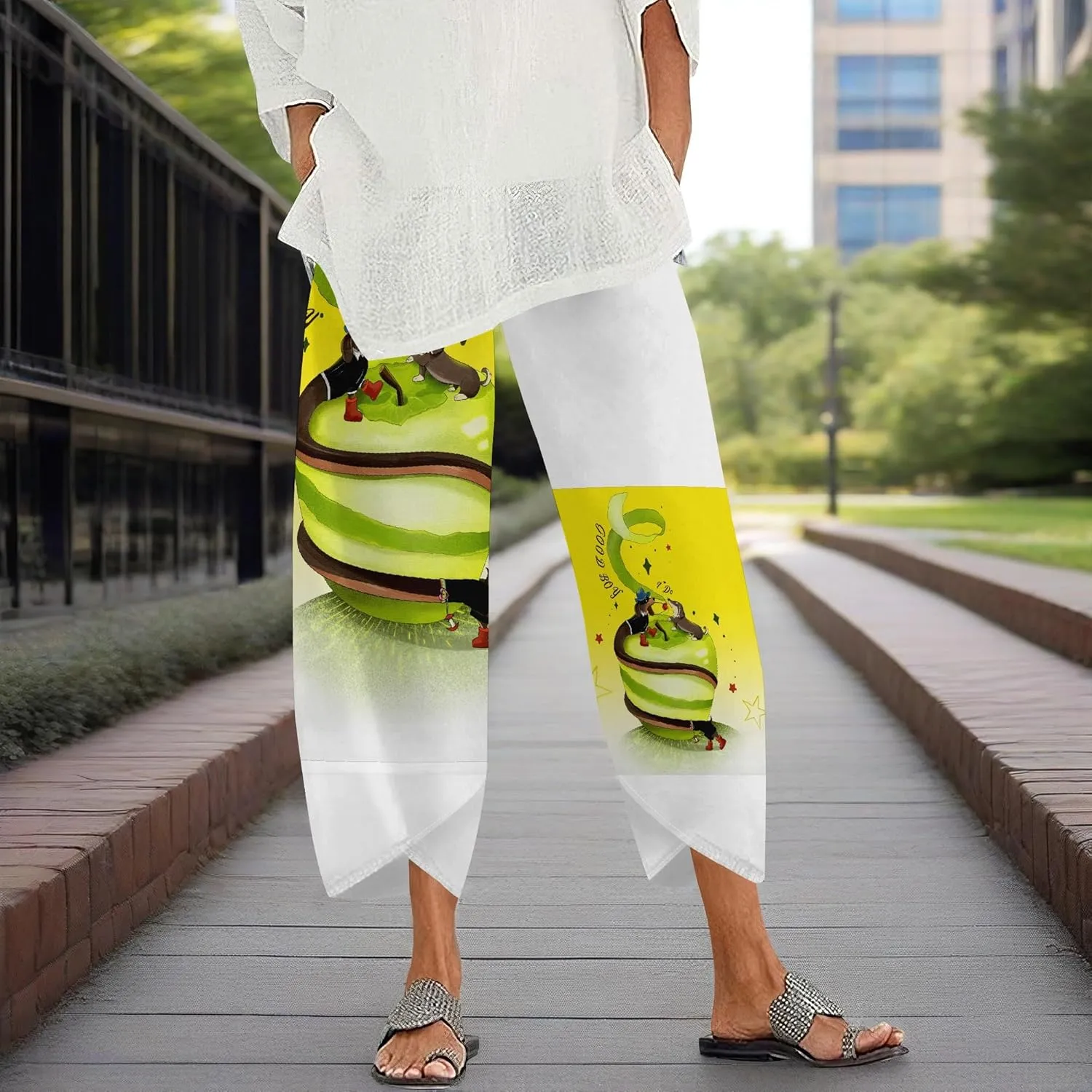 Capris Pants for Women 2025 Summer Causal Wide Leg Loose Trousers High Elastic Waist Patterned Printed Trendy Pants