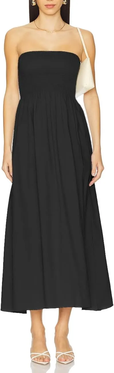 Capuffy Women's Strapless Boho Beach Dress Sleeveless Tube 2025 Summer A Line Sundress with Pockets Flowy Swing Maxi Dress 33