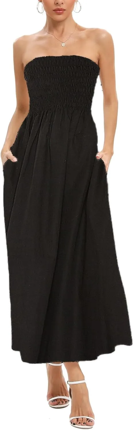 Capuffy Women's Strapless Boho Beach Dress Sleeveless Tube 2025 Summer A Line Sundress with Pockets Flowy Swing Maxi Dress 33