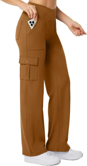 Casei Yoga Pants with Pockets for Women Wide Leg Cargo Pants High Waist Crossover Stretch Work Travel Casual Sweatpants