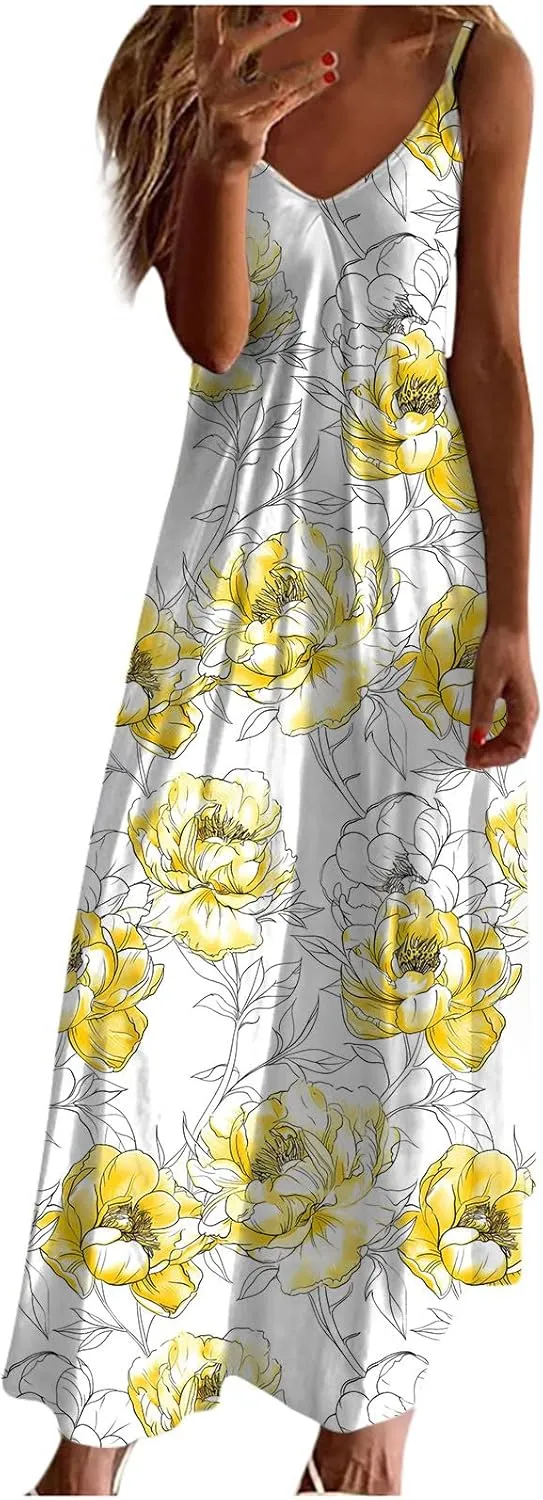 Ceboyel Summer Sundresses for Women 2024 Trendy Casual Floral Sun Dresses Spaghetti Strap Beach Maxi Dress Vacation Outfits