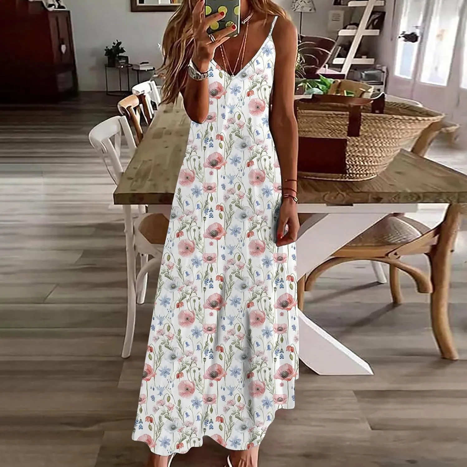 Ceboyel Women 2024 Spaghetti Strap Maxi Dress Trendy Summer Vacation Sundresses Boho Beach Sun Dresses Casual Resort Clothes