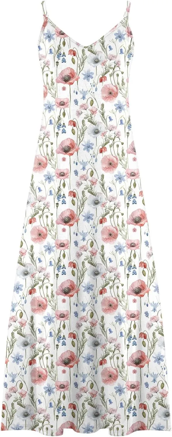 Ceboyel Women 2024 Spaghetti Strap Maxi Dress Trendy Summer Vacation Sundresses Boho Beach Sun Dresses Casual Resort Clothes