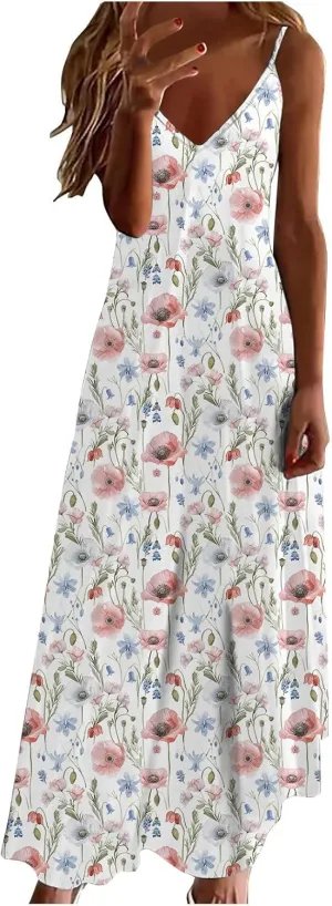 Ceboyel Women 2024 Spaghetti Strap Maxi Dress Trendy Summer Vacation Sundresses Boho Beach Sun Dresses Casual Resort Clothes