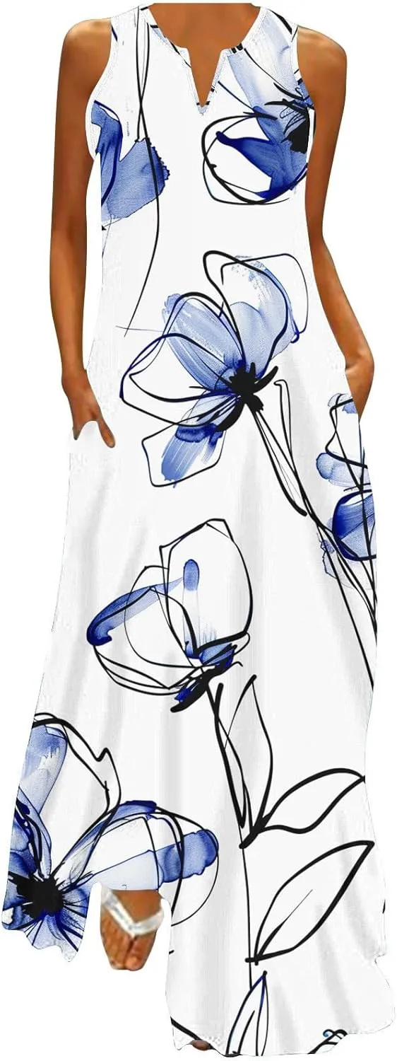 Ceboyel Womens Boho Floral Maxi Dresses Floral Flowy Long Dresses Sleeveless Sun Dress Casual Summer Trendy Outfits 2024