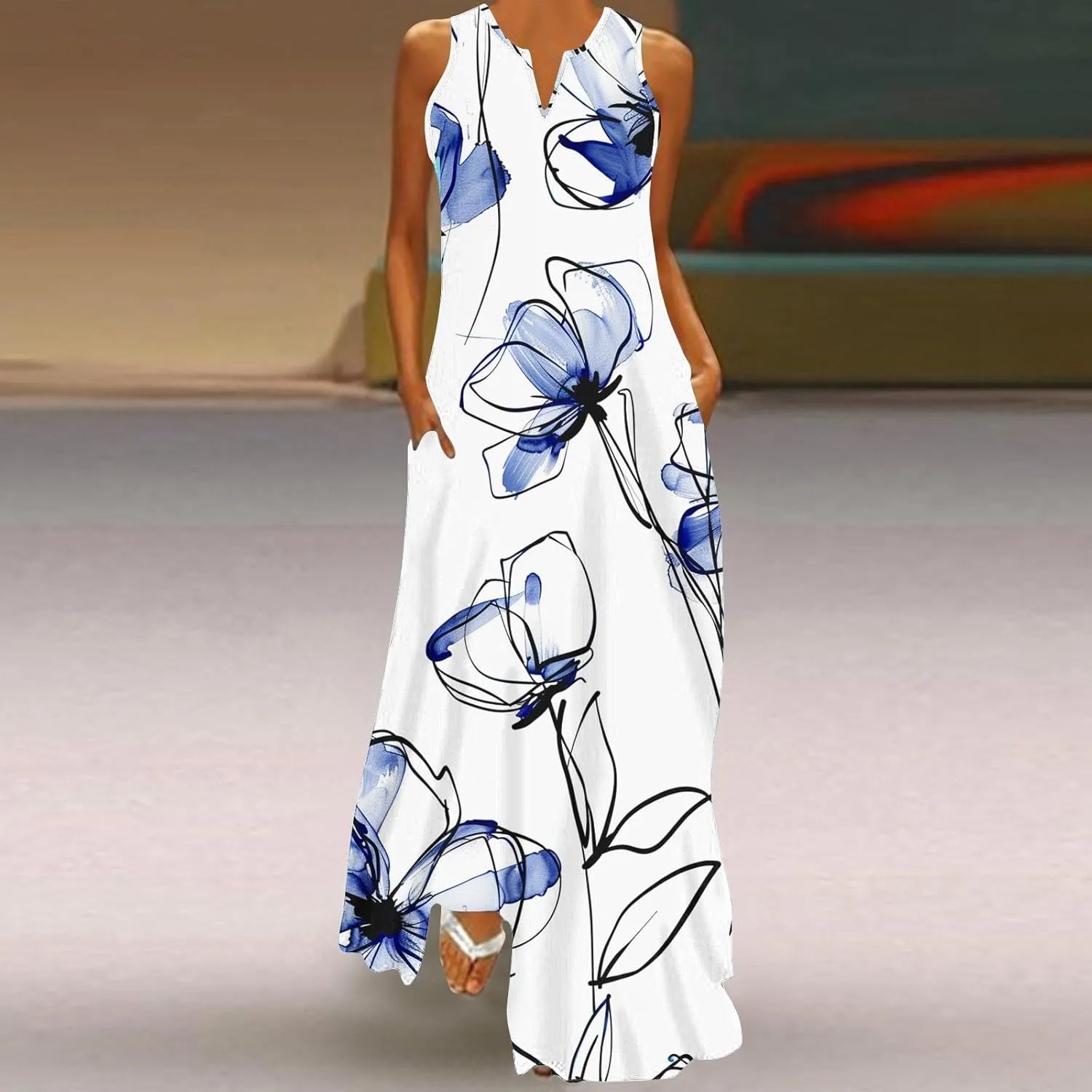 Ceboyel Womens Boho Floral Maxi Dresses Floral Flowy Long Dresses Sleeveless Sun Dress Casual Summer Trendy Outfits 2024