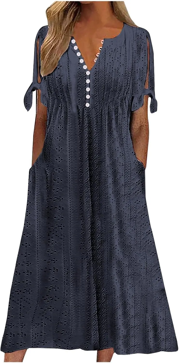 Ceboyel Womens Eyelet Casual Summer Dress Boho Embroidery Maxi Dresses Pleated Long Dress Vacation Trendy Clothing 2024