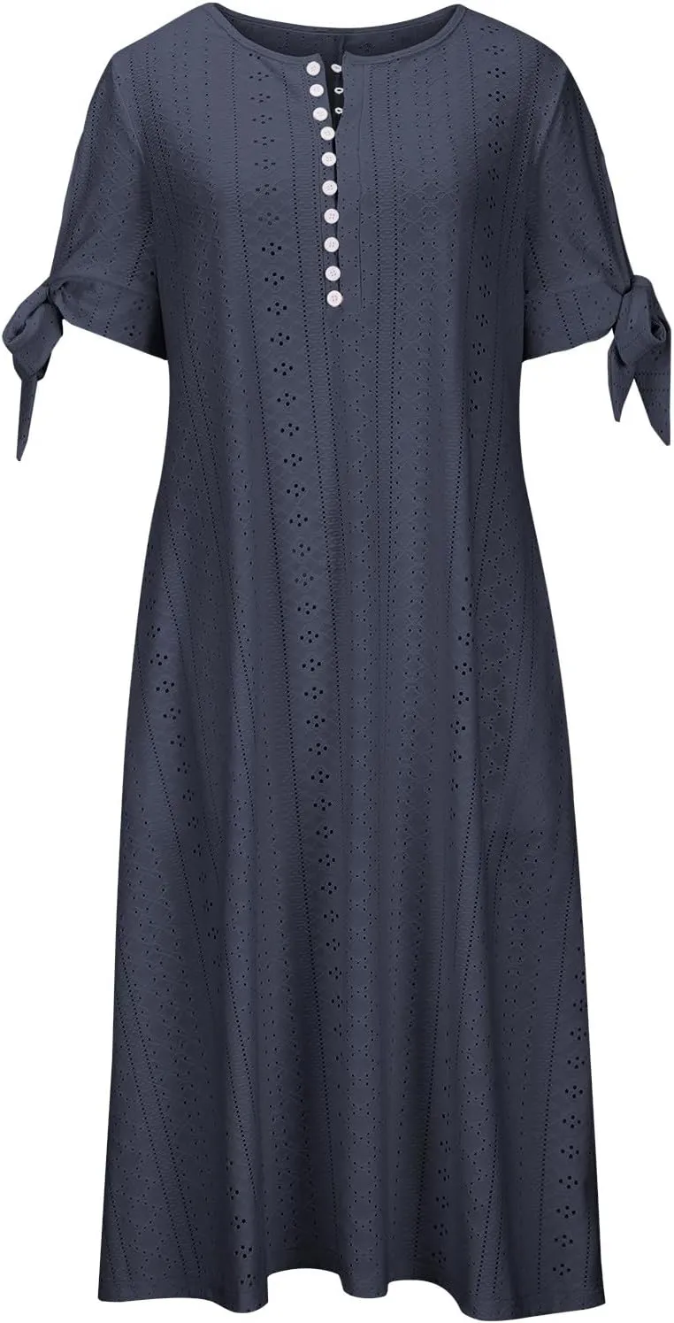 Ceboyel Womens Eyelet Casual Summer Dress Boho Embroidery Maxi Dresses Pleated Long Dress Vacation Trendy Clothing 2024