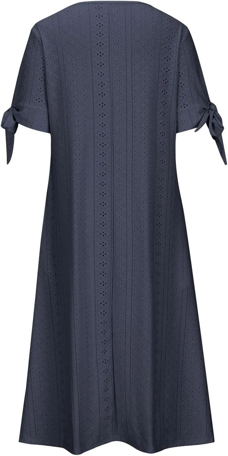 Ceboyel Womens Eyelet Casual Summer Dress Boho Embroidery Maxi Dresses Pleated Long Dress Vacation Trendy Clothing 2024