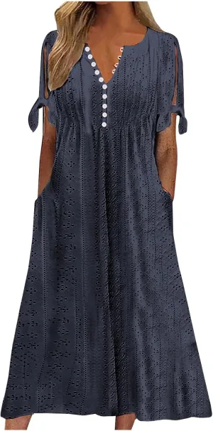 Ceboyel Womens Eyelet Casual Summer Dress Boho Embroidery Maxi Dresses Pleated Long Dress Vacation Trendy Clothing 2024