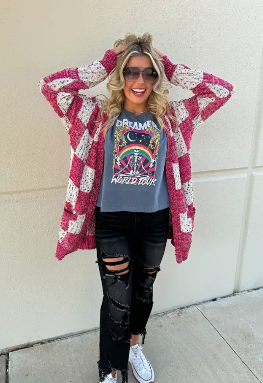 Checkered Miley Dot Cardigan - Pink