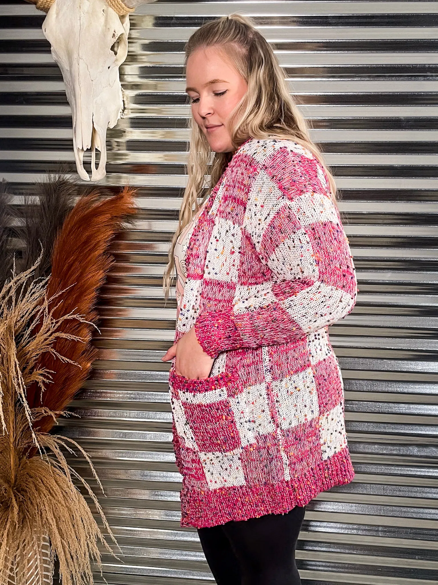 Checkered Miley Dot Cardigan - Pink