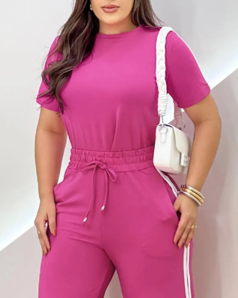 CHICME Two Piece Sets for Women Summer Outfits Round Neck Short Sleeve Shirts and Drawstring Loose Fit Pants