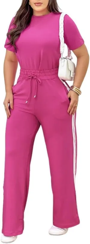 CHICME Two Piece Sets for Women Summer Outfits Round Neck Short Sleeve Shirts and Drawstring Loose Fit Pants