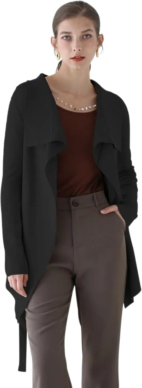 CHICWISH Women's Wide Lapel Tie Waist Knit Cardigan Coatigan Light Jacket