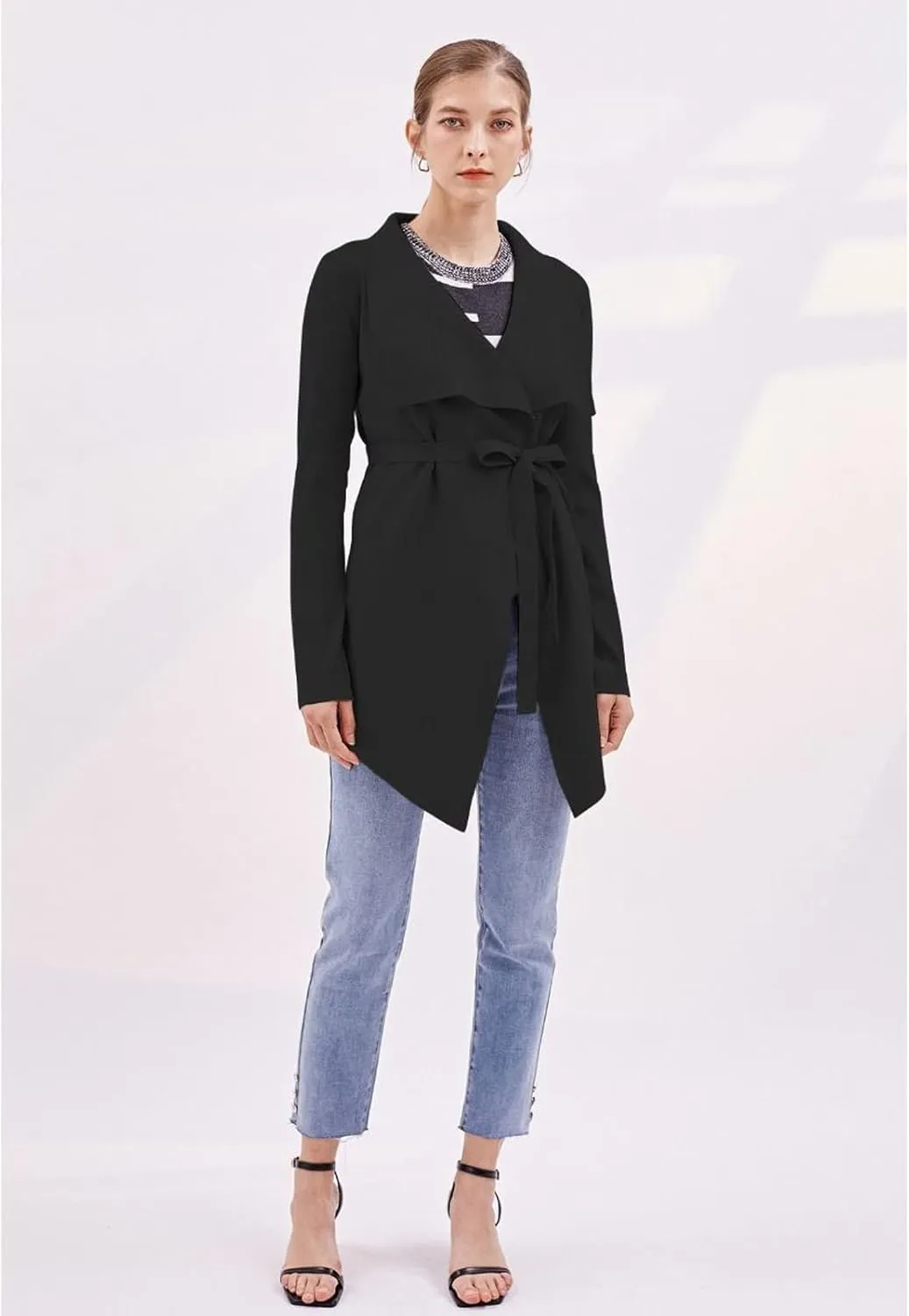 CHICWISH Women's Wide Lapel Tie Waist Knit Cardigan Coatigan Light Jacket