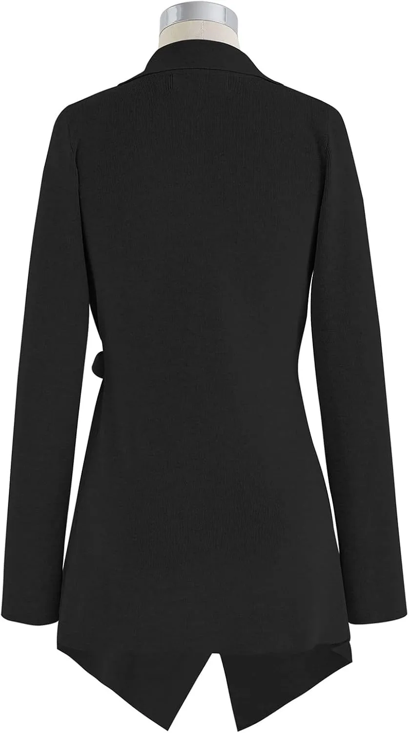CHICWISH Women's Wide Lapel Tie Waist Knit Cardigan Coatigan Light Jacket