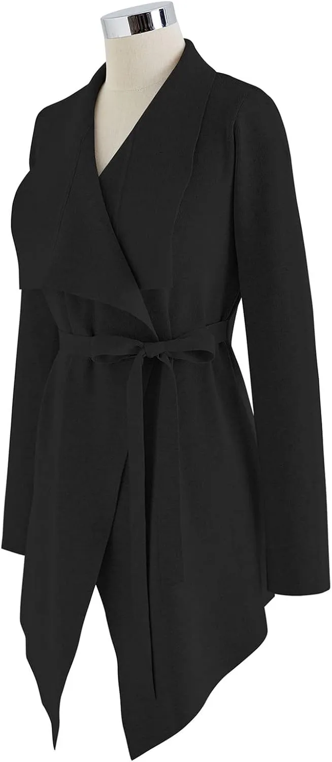 CHICWISH Women's Wide Lapel Tie Waist Knit Cardigan Coatigan Light Jacket