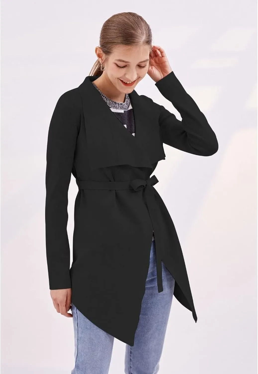CHICWISH Women's Wide Lapel Tie Waist Knit Cardigan Coatigan Light Jacket