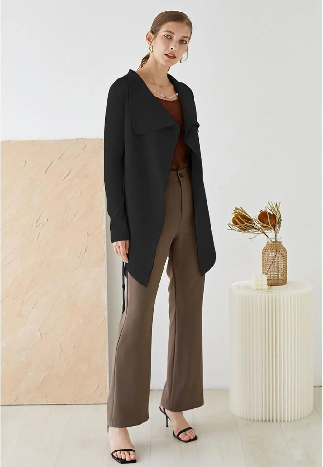 CHICWISH Women's Wide Lapel Tie Waist Knit Cardigan Coatigan Light Jacket