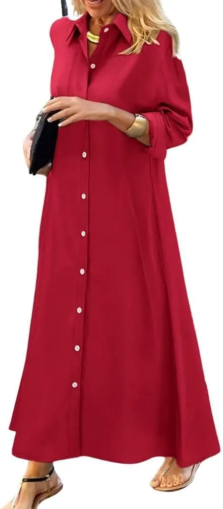 chouyatou Women's Casual Button Down Maxi Shirt Dress Long Sleeve Button Up Tunic Long Dress