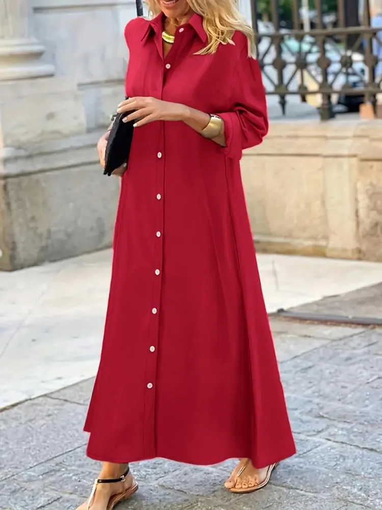 chouyatou Women's Casual Button Down Maxi Shirt Dress Long Sleeve Button Up Tunic Long Dress