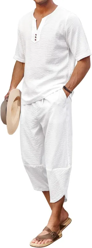 COOFANDY Men's 2 Pieces Linen Set Henley Shirt Short Sleeve and Harem Capri Pants Wide Leg Baggy Beach Yoga Trousers Outfits