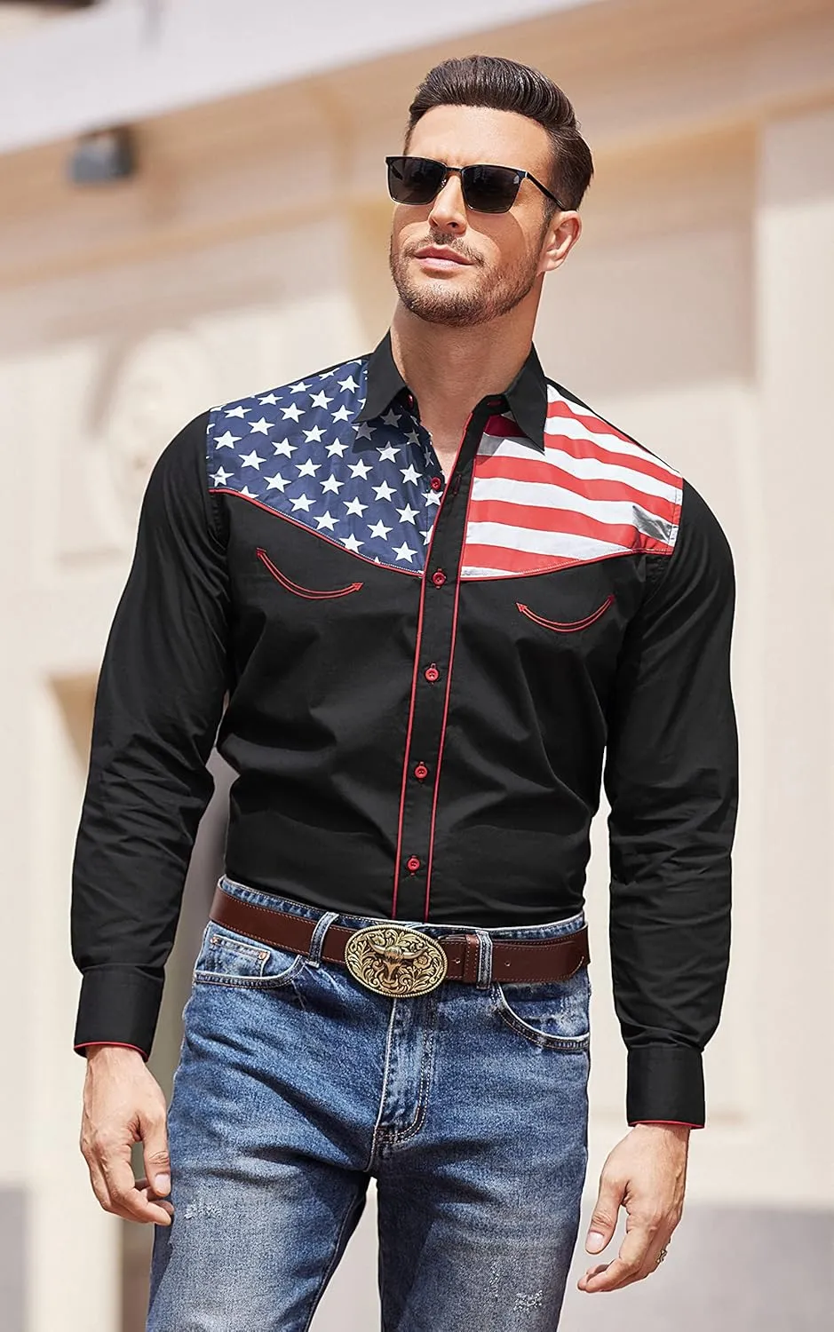 COOFANDY Men's Casual American Flag Button Down Shirts Slim Fit Long Sleeve Shirt