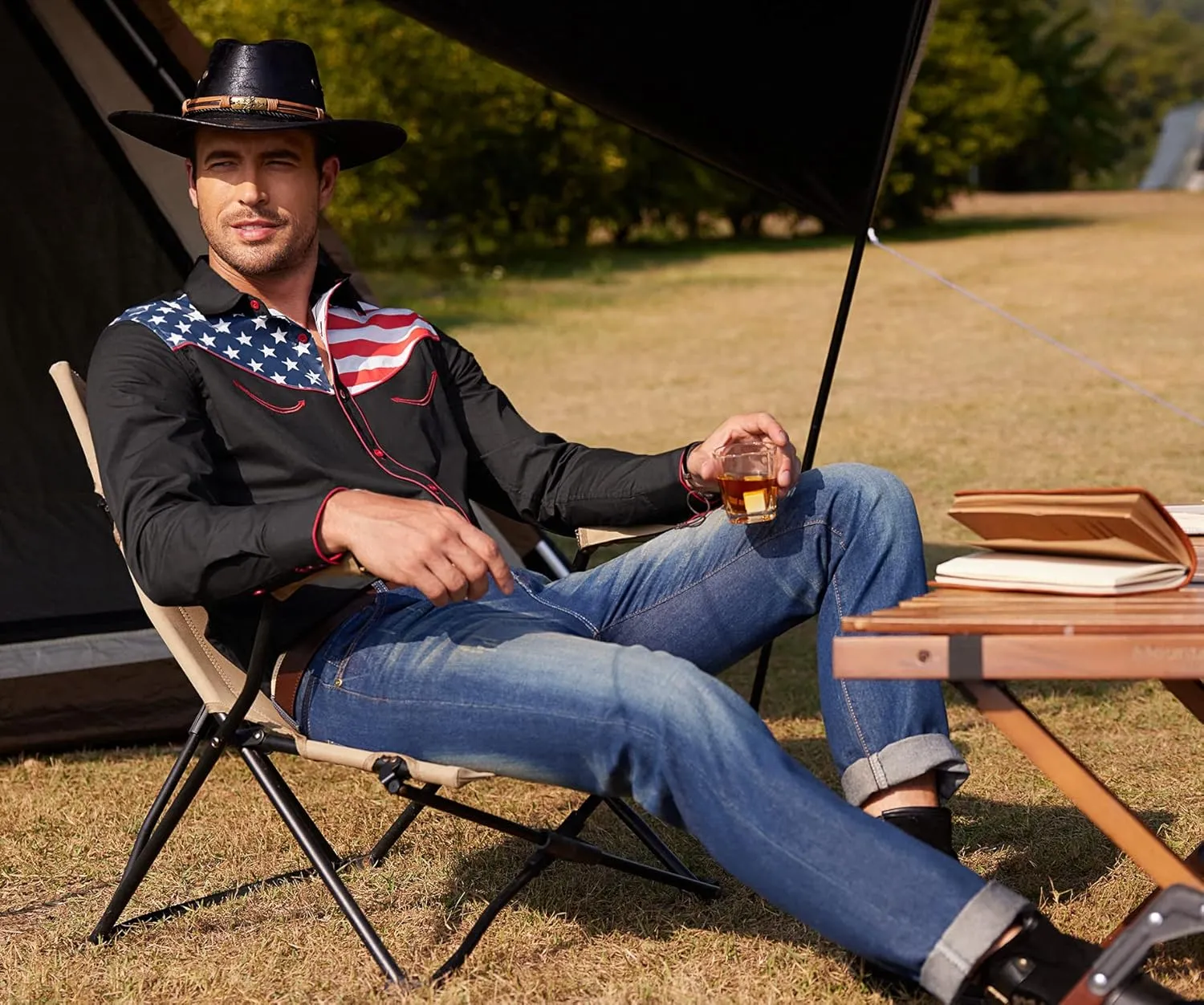 COOFANDY Men's Casual American Flag Button Down Shirts Slim Fit Long Sleeve Shirt