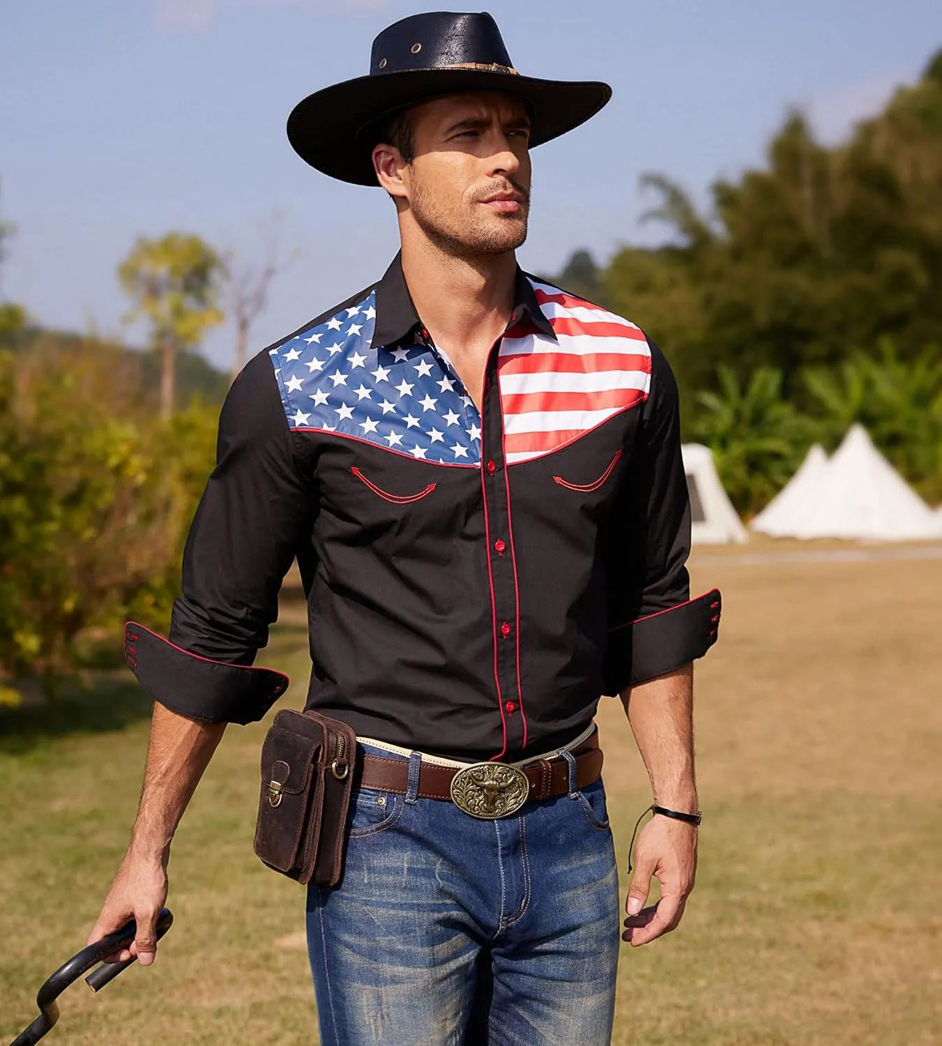 COOFANDY Men's Casual American Flag Button Down Shirts Slim Fit Long Sleeve Shirt