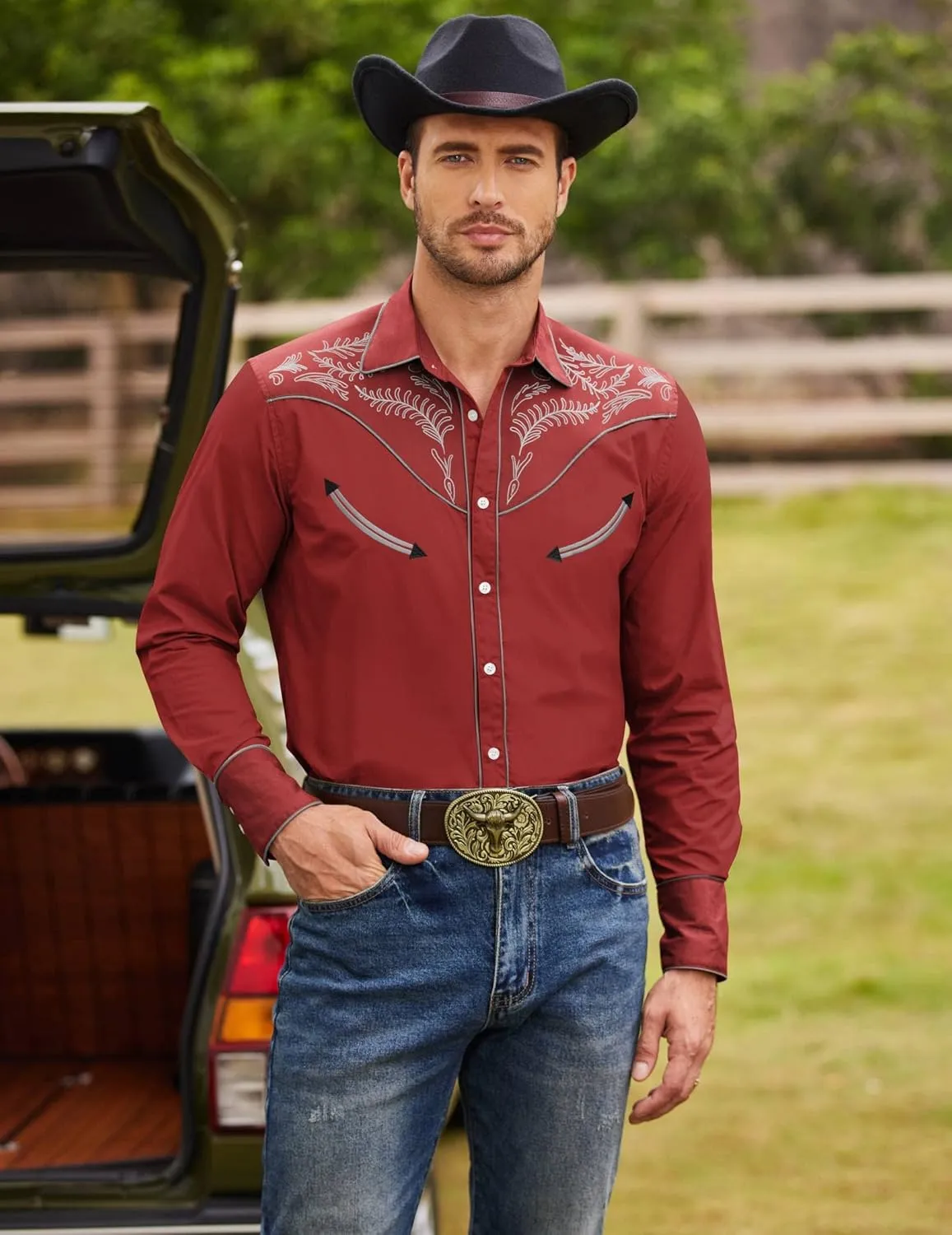 COOFANDY Men's Western Cowboy Shirt Embroidered Button Down Long Sleeve Shirts