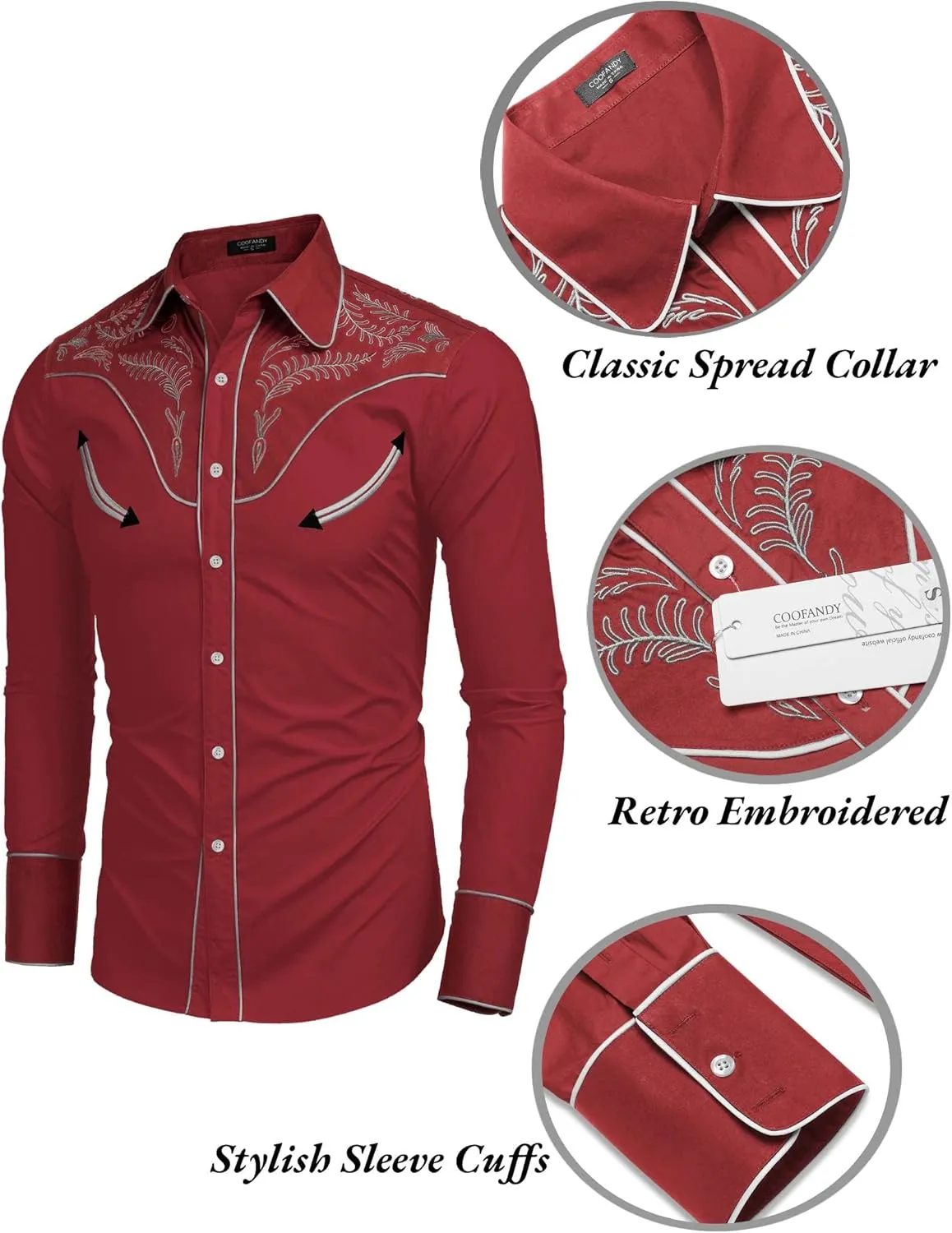 COOFANDY Men's Western Cowboy Shirt Embroidered Button Down Long Sleeve Shirts