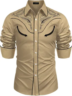 COOFANDY Men's Western Cowboy Shirt Embroidered Button Down Long Sleeve Shirts