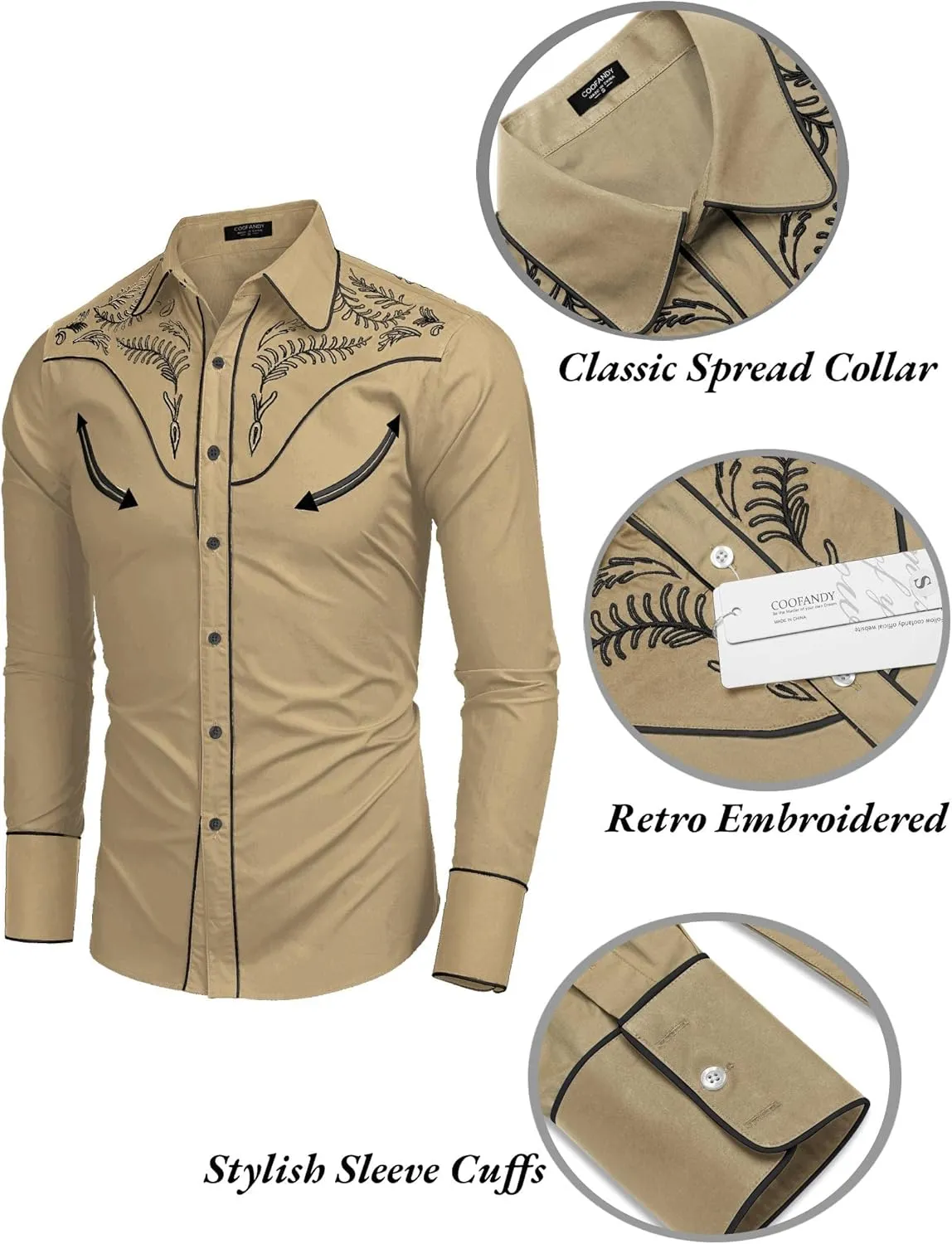 COOFANDY Men's Western Cowboy Shirt Embroidered Button Down Long Sleeve Shirts