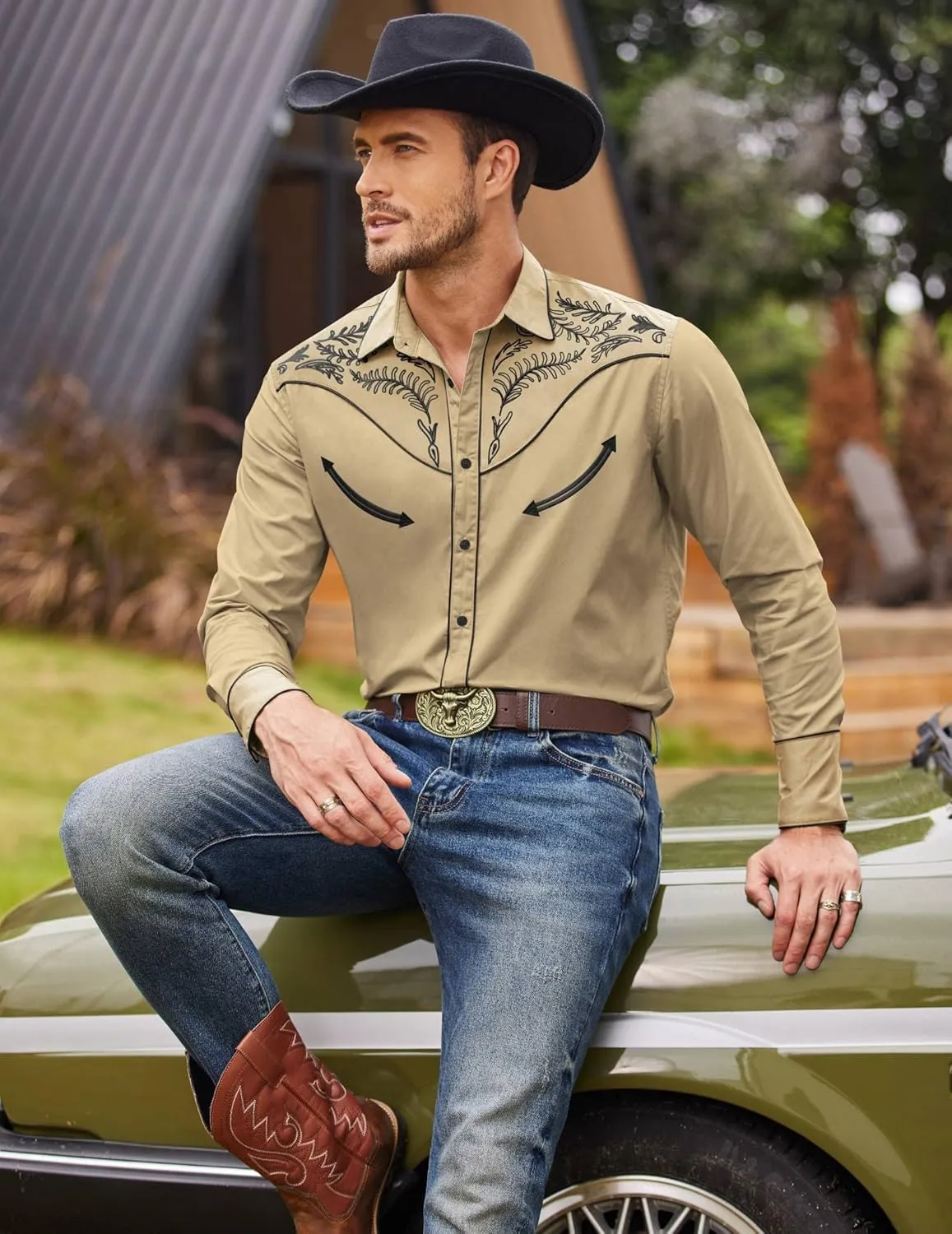 COOFANDY Men's Western Cowboy Shirt Embroidered Button Down Long Sleeve Shirts