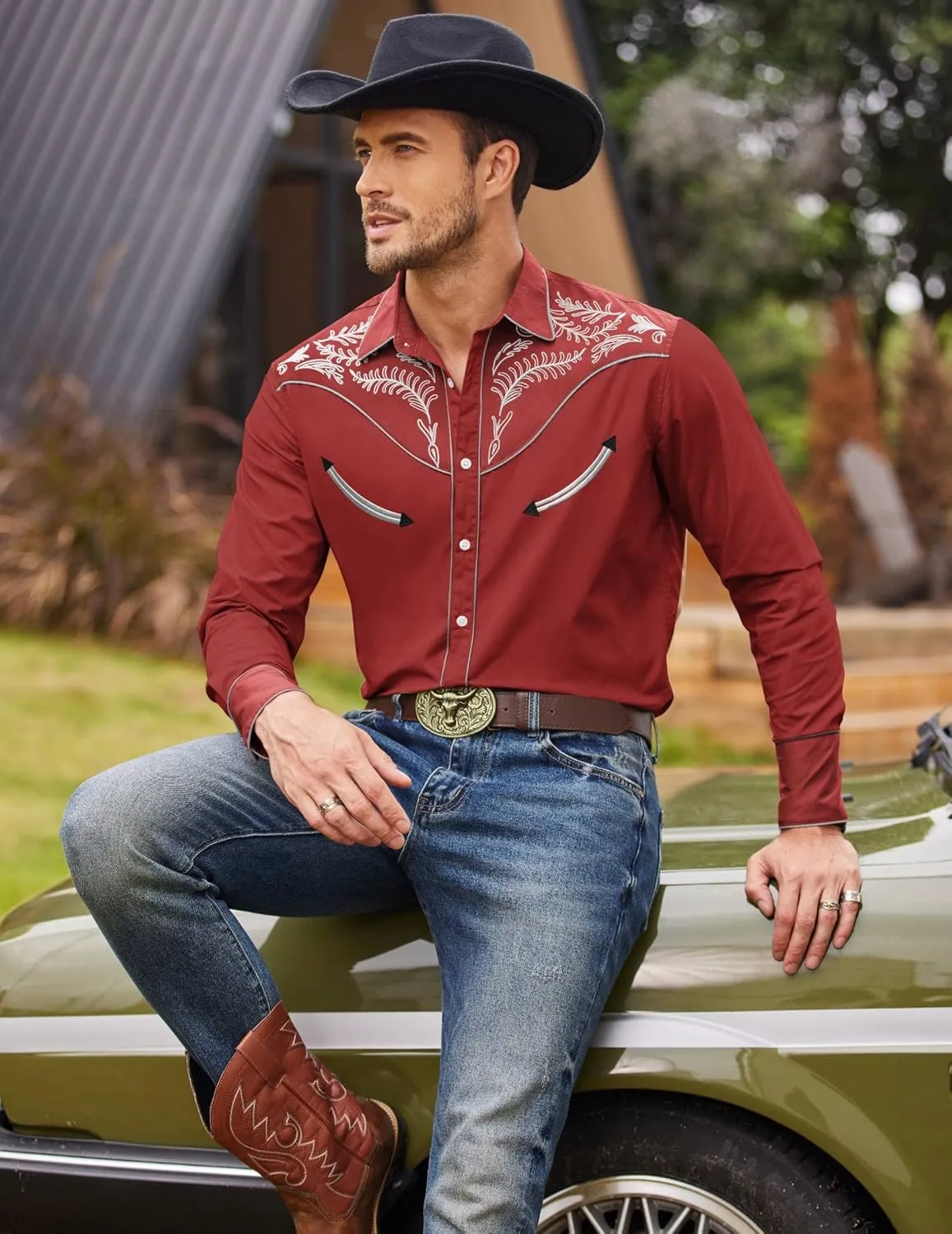 COOFANDY Men's Western Cowboy Shirt Embroidered Button Down Long Sleeve Shirts