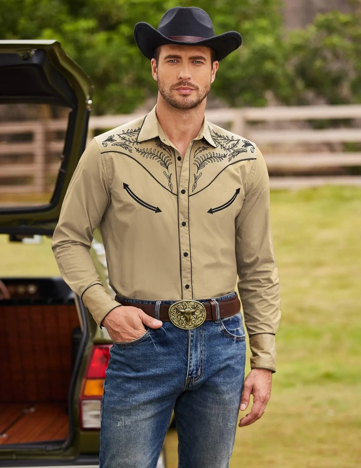 COOFANDY Men's Western Cowboy Shirt Embroidered Button Down Long Sleeve Shirts